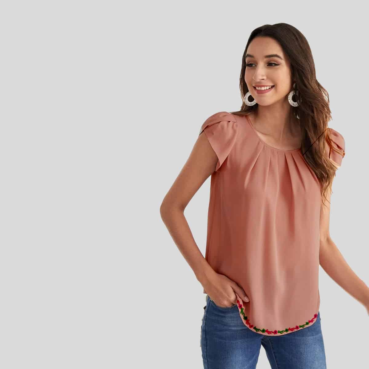 Constant Coral Petal Sleeve Fold Pleated Top-RCT094
