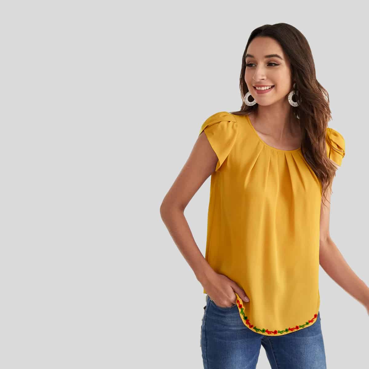 Yellow Petal Sleeve Fold Pleated Top-RCT095
