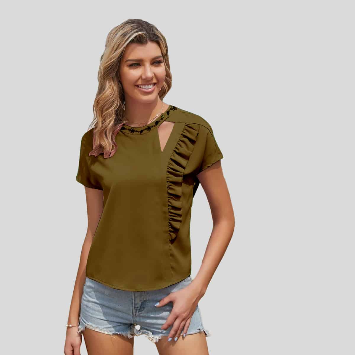 Army Green Ruffle Trim Cut Out Blouse-RCT097
