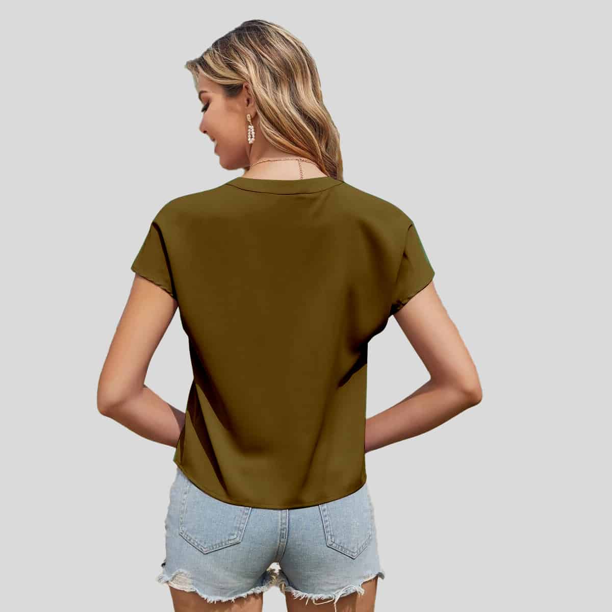 Army Green Ruffle Trim Cut Out Blouse-RCT097