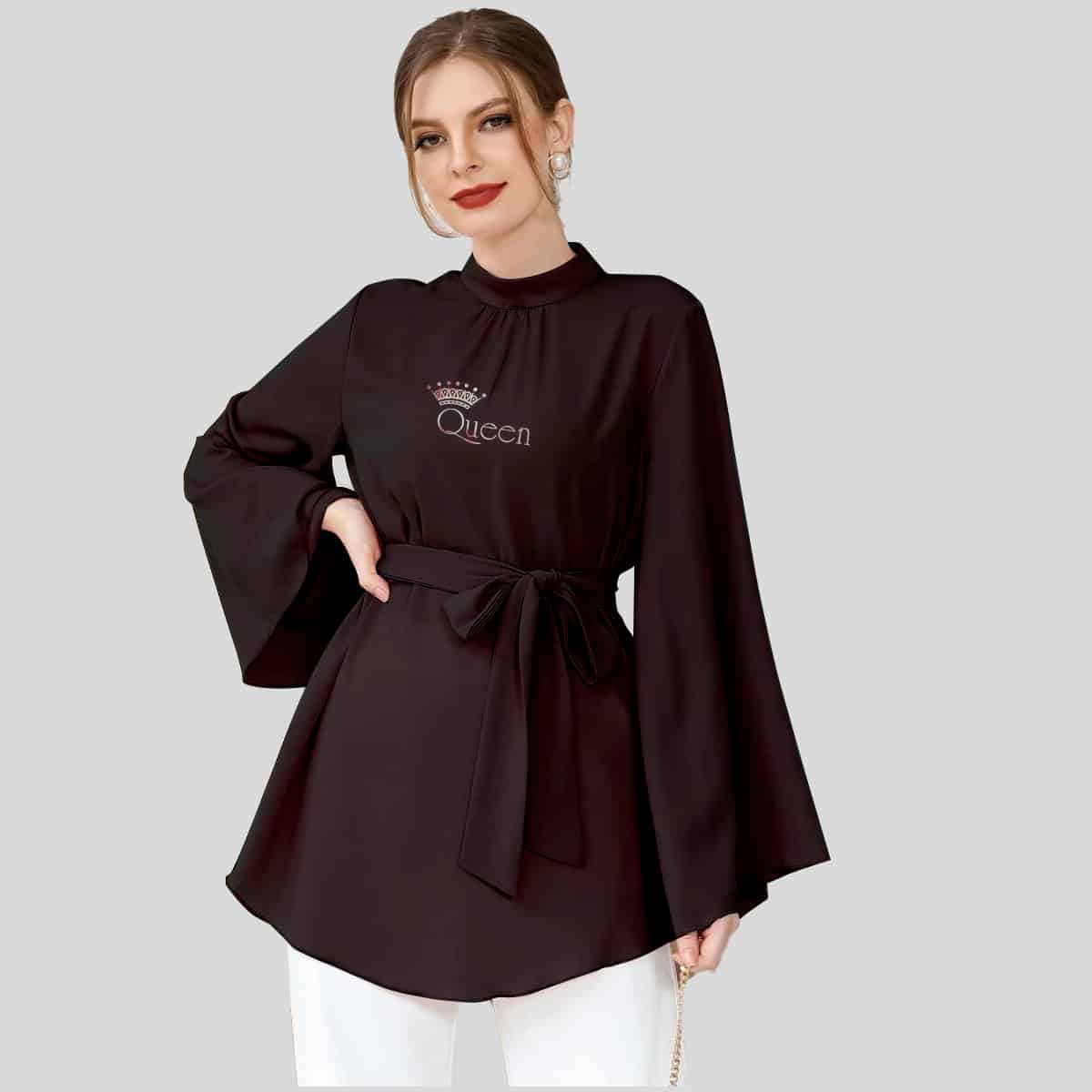 Black Flounce Sleeve Curved Hem Belted Top-RCT098