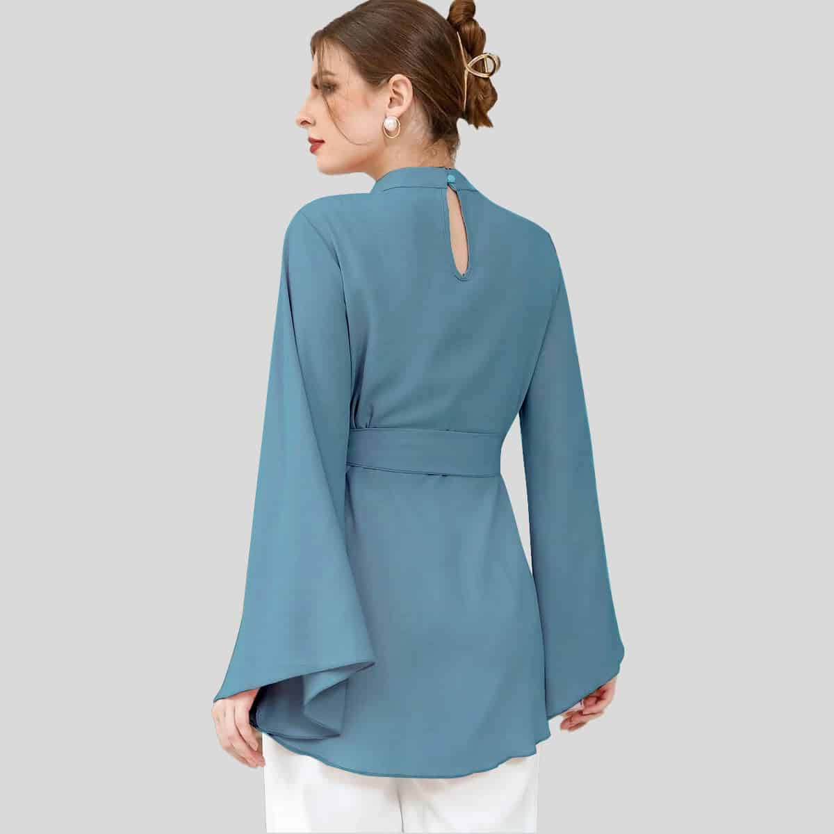 Blue Flounce Sleeve Curved Hem Belted Top-RCT099