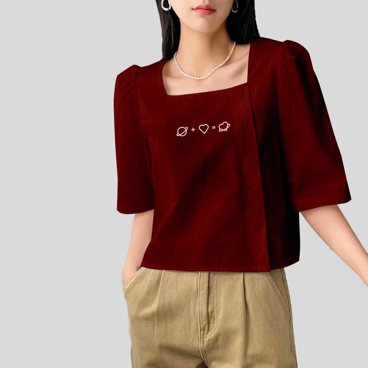 Maroon Button Front Square Neck Blouse-RCT105