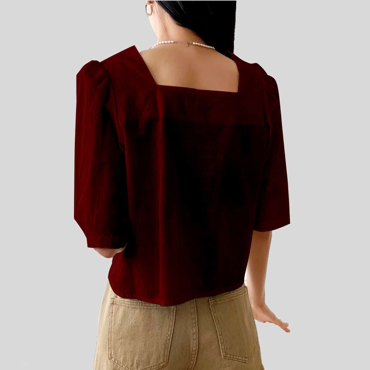 Maroon Button Front Square Neck Blouse-RCT105