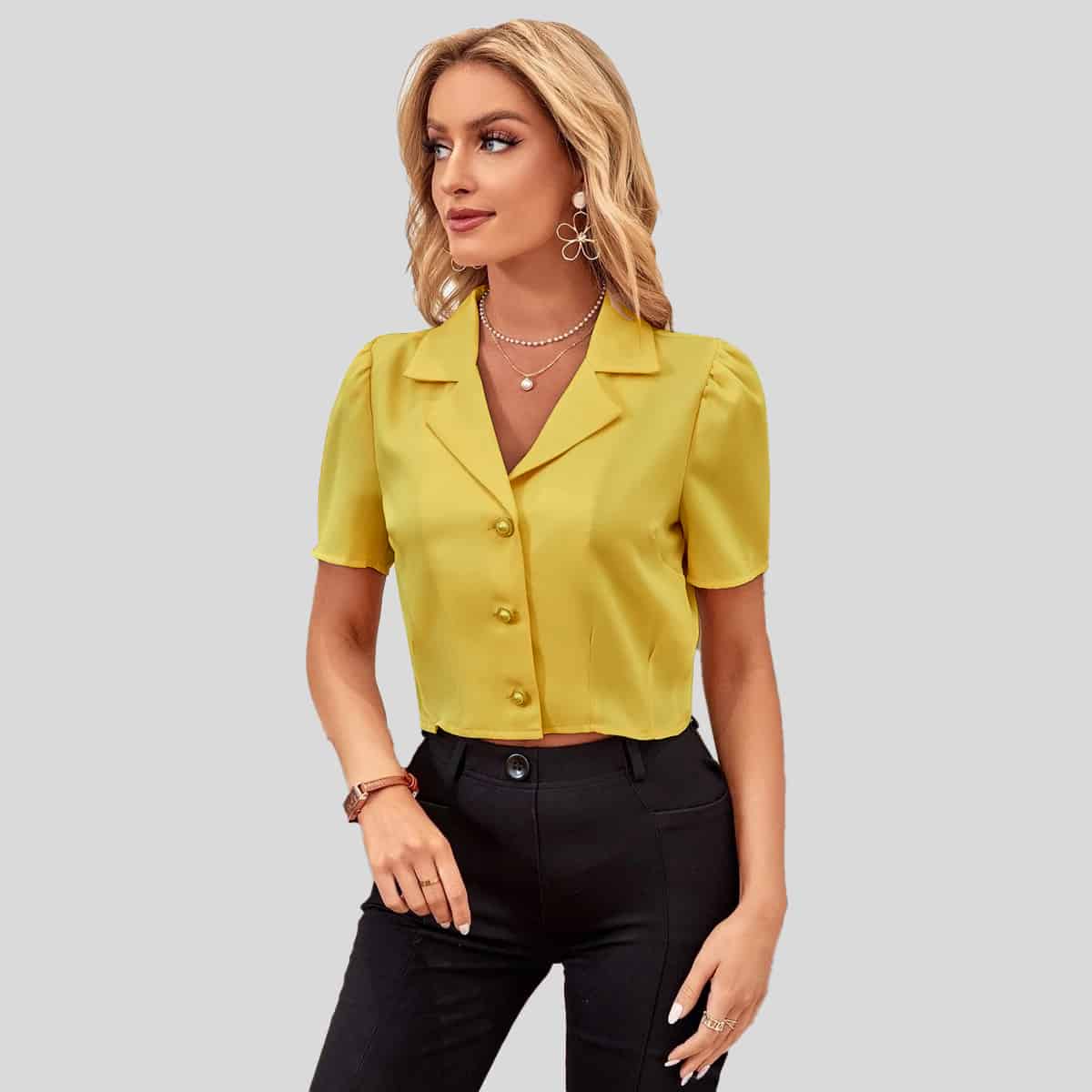 Yellow Lapel Neck Button Front Top-RCT112