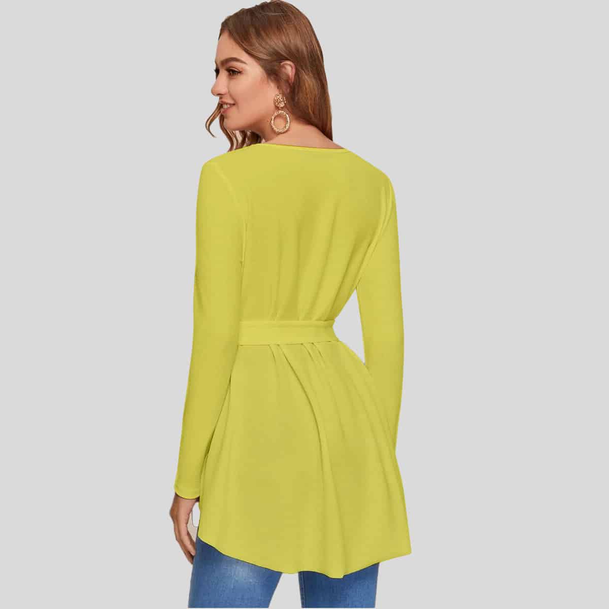 Yellow Dip Hem Self Belted Solid Top-RCT117