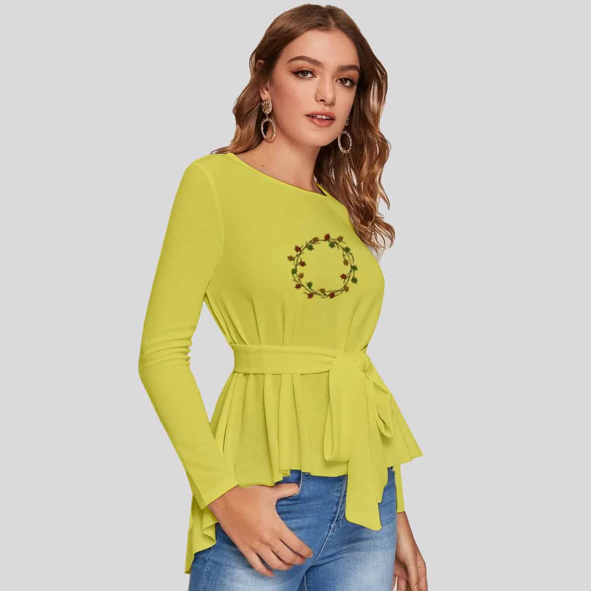 Yellow Dip Hem Self Belted Solid Top-RCT117