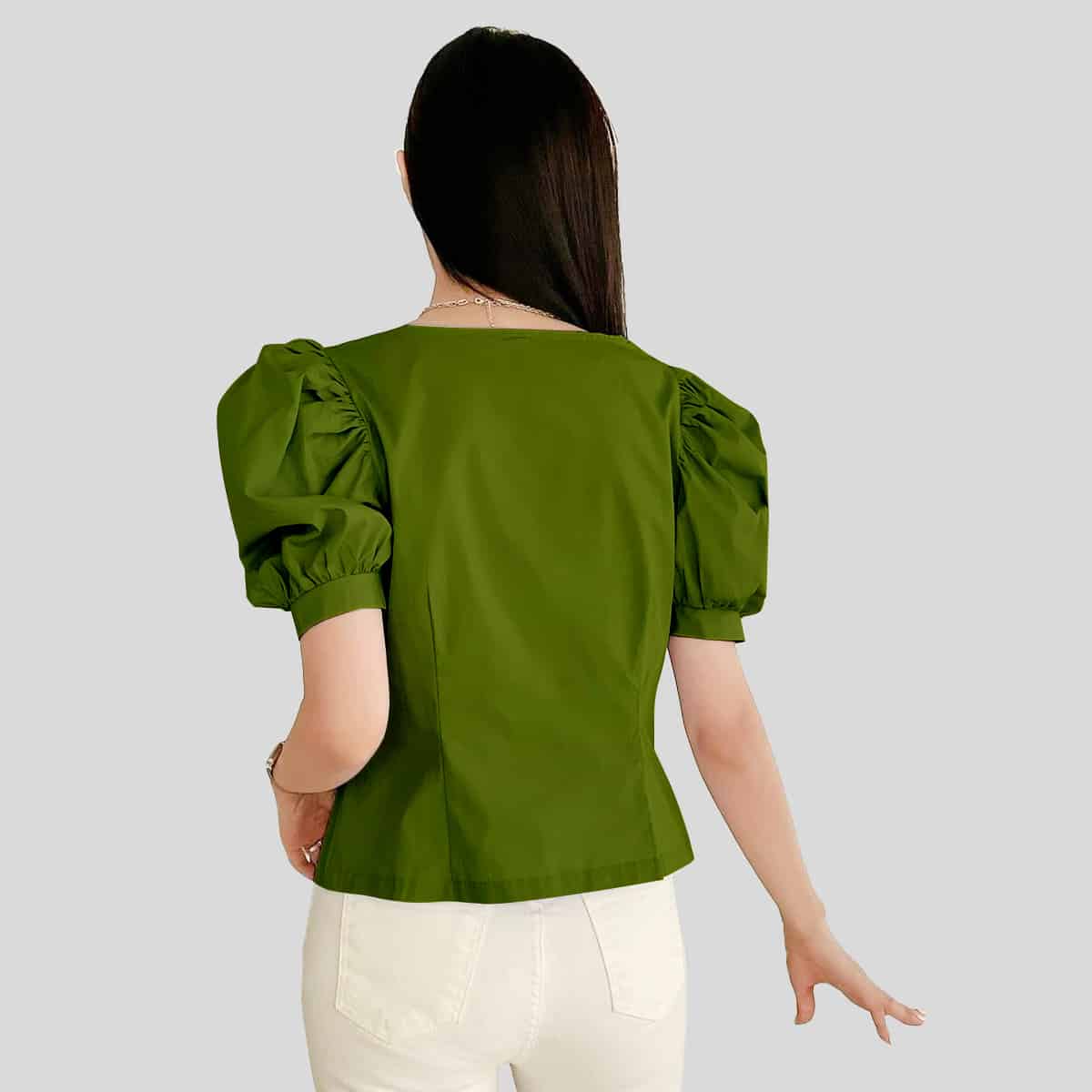 Green Puff Sleeve Button Front-RCT126