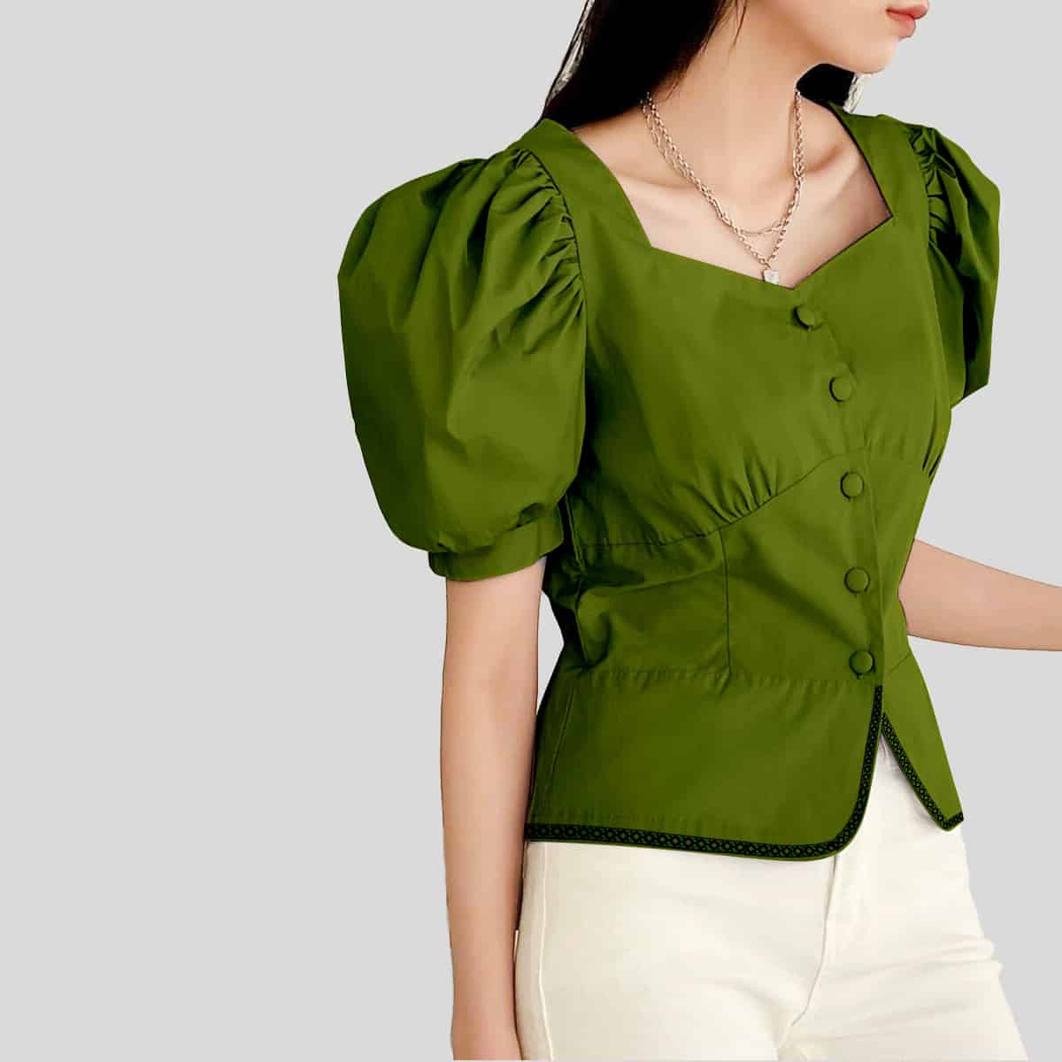Green Puff Sleeve Button Front-RCT126