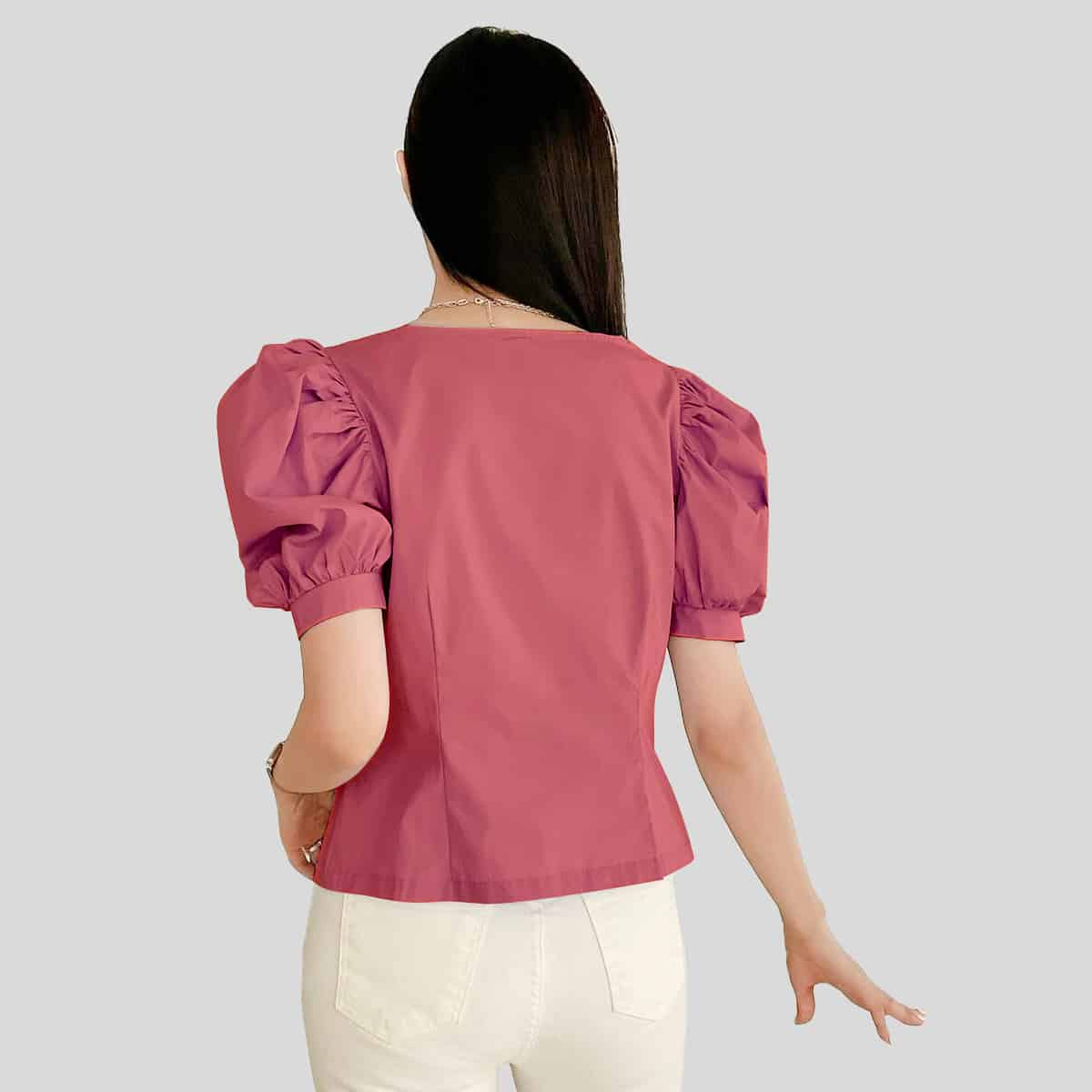 Pink Puff Sleeve Button Front-RCT127