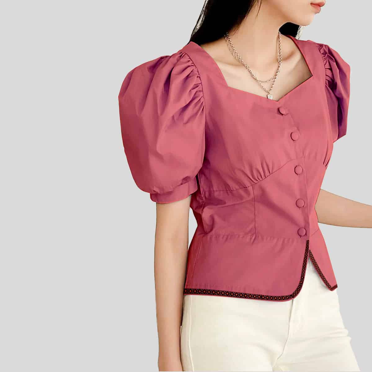 Pink Puff Sleeve Button Front-RCT127