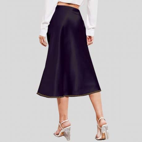 Black Zipper Side Solid Satin Skirt with Print Detailed-RES012