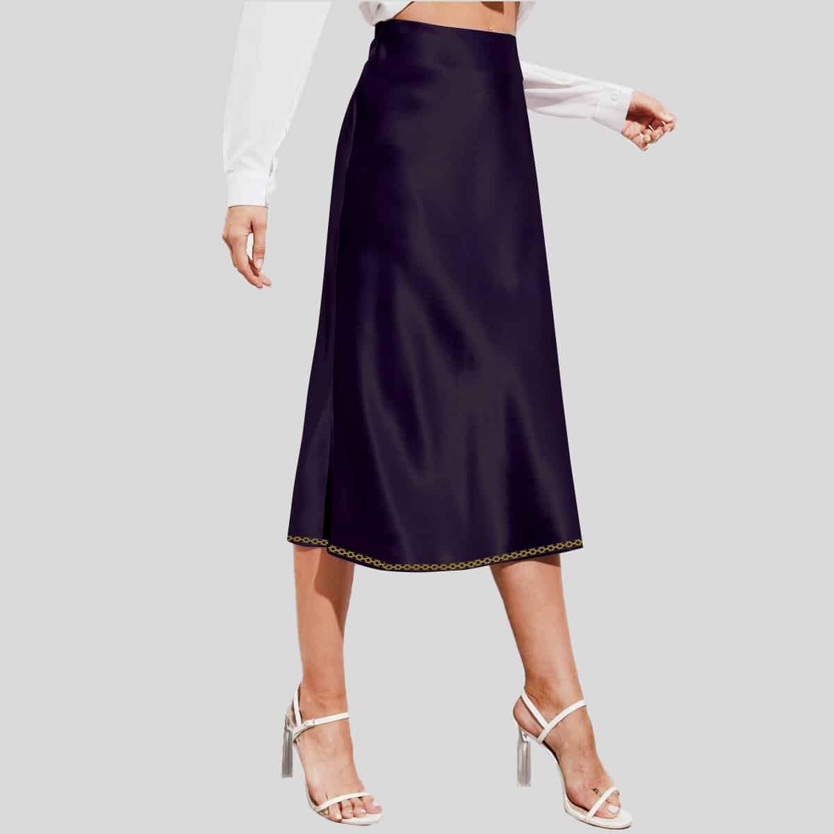 Black Zipper Side Solid Satin Skirt with Print Detailed-RES012