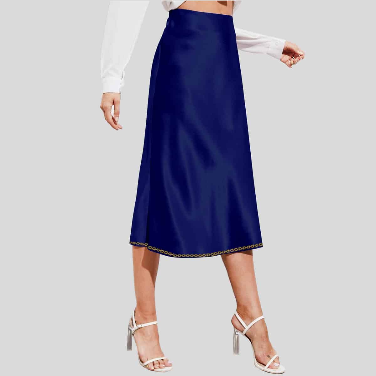 Navy Blue Zipper Side Solid Satin Skirt with Print Detailed-RES013