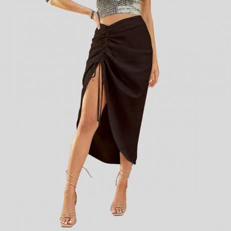 Black Drawstring Split High Solid Skirt-RKS003