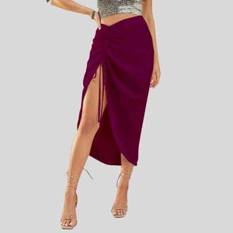 Purple Pink Drawstring Split High Solid Skirt-RKS004