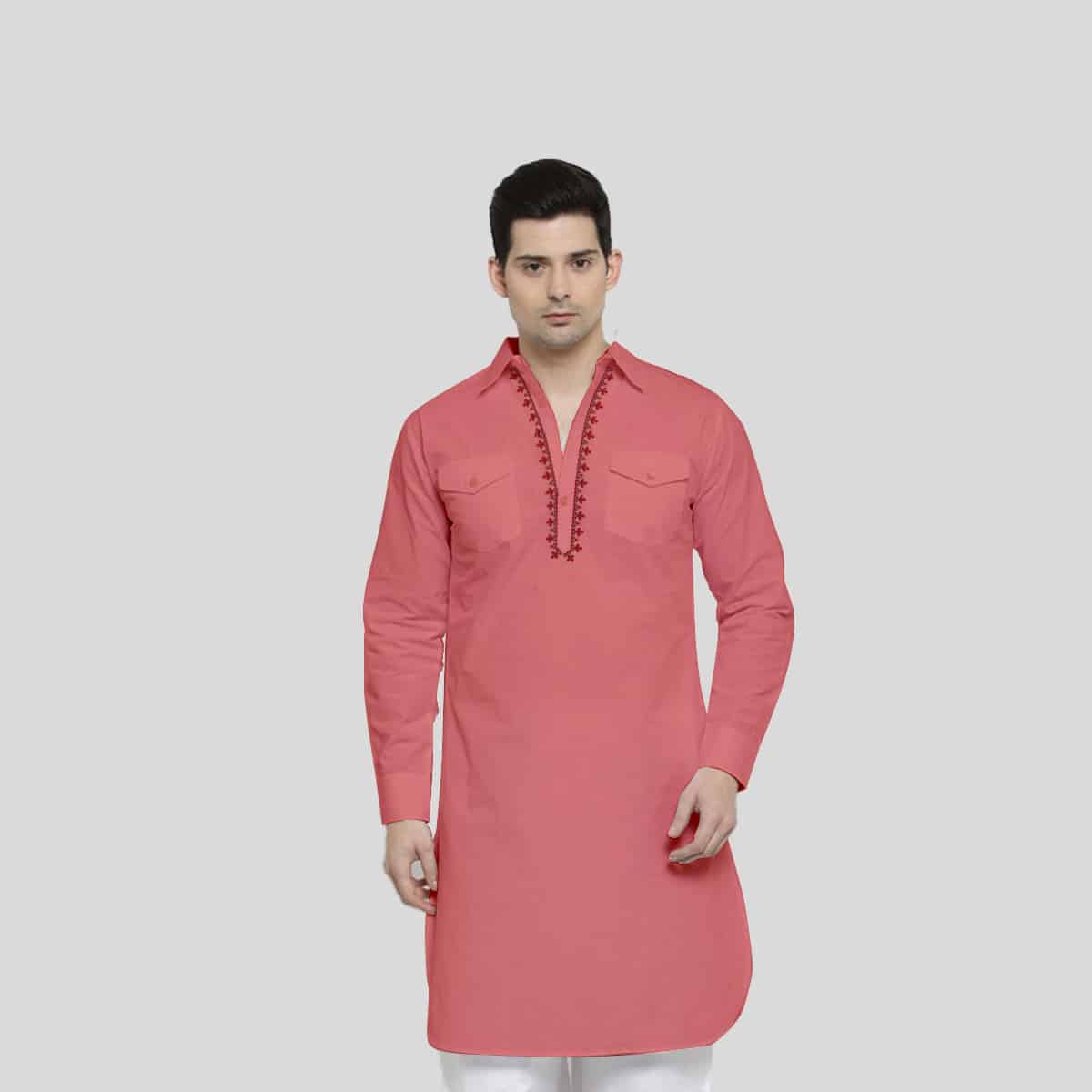 Peach Pink Colour Cotton Pathani Kurta-RMK017
