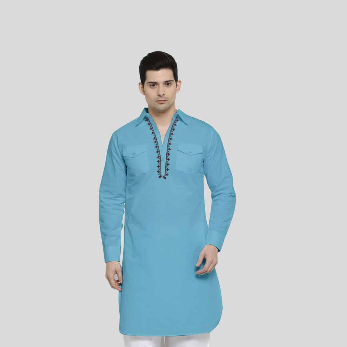 Light Blue Colour Cotton Pathani Kurta-RMK018