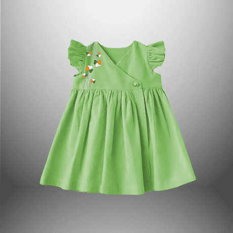 Girls Knee Length Frock with Frills and Tri-color Motif-RKFCW377