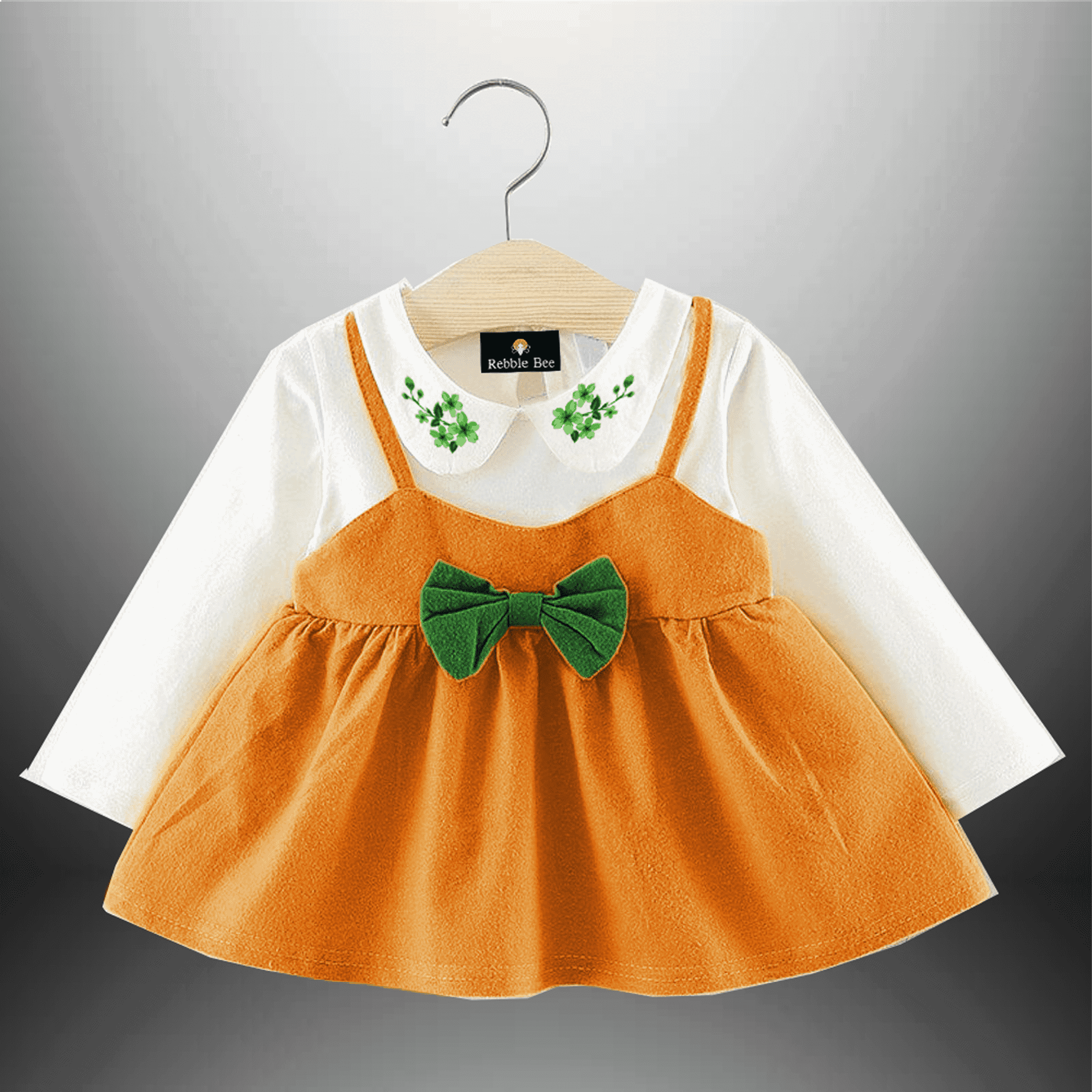 Girls 2pcs White Floral motif Top & Orange Pinafore Dress with a Cute Bow Set-RKFCW378
