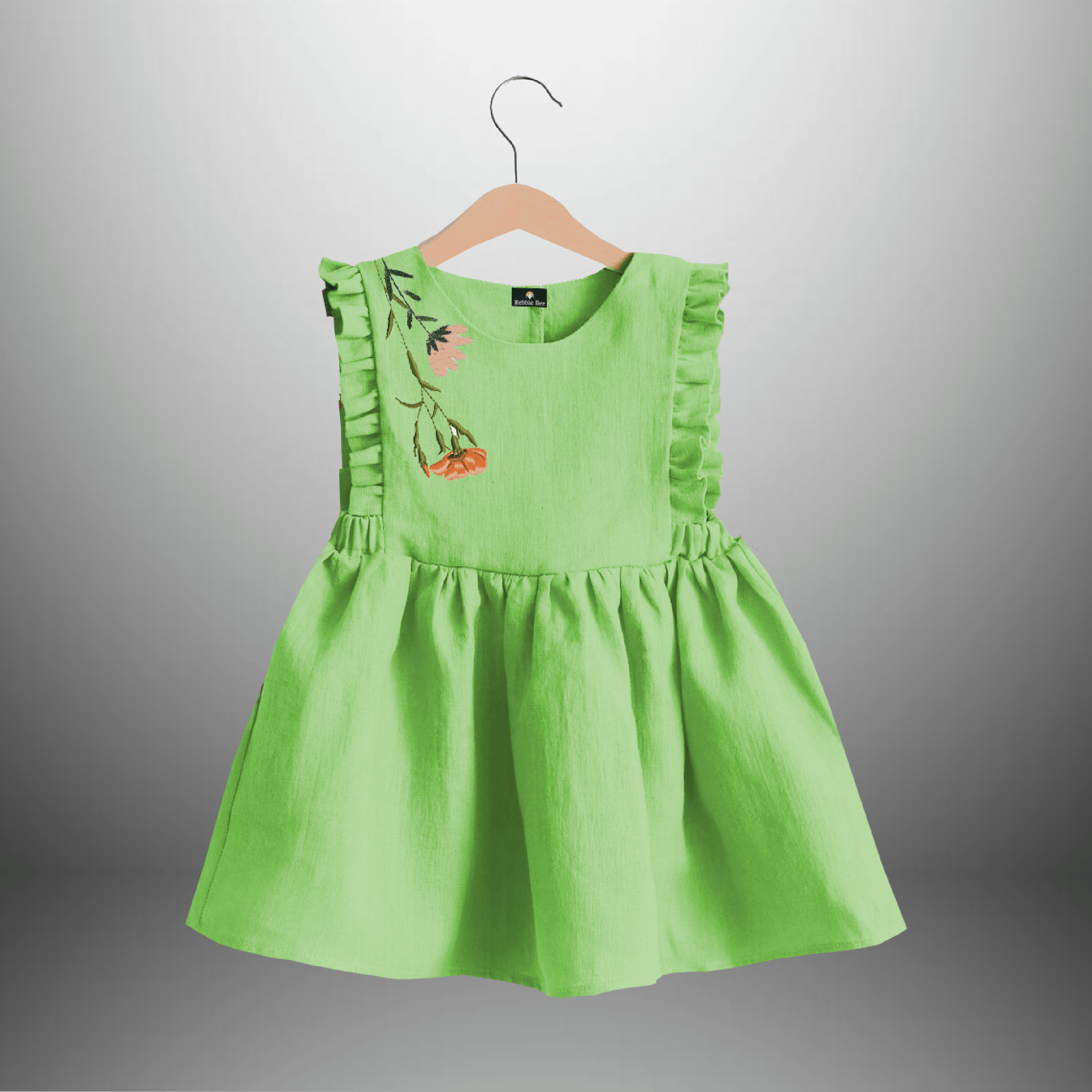 Girls Knee Length Frock with Frills and Flower Motif-RKFCW301