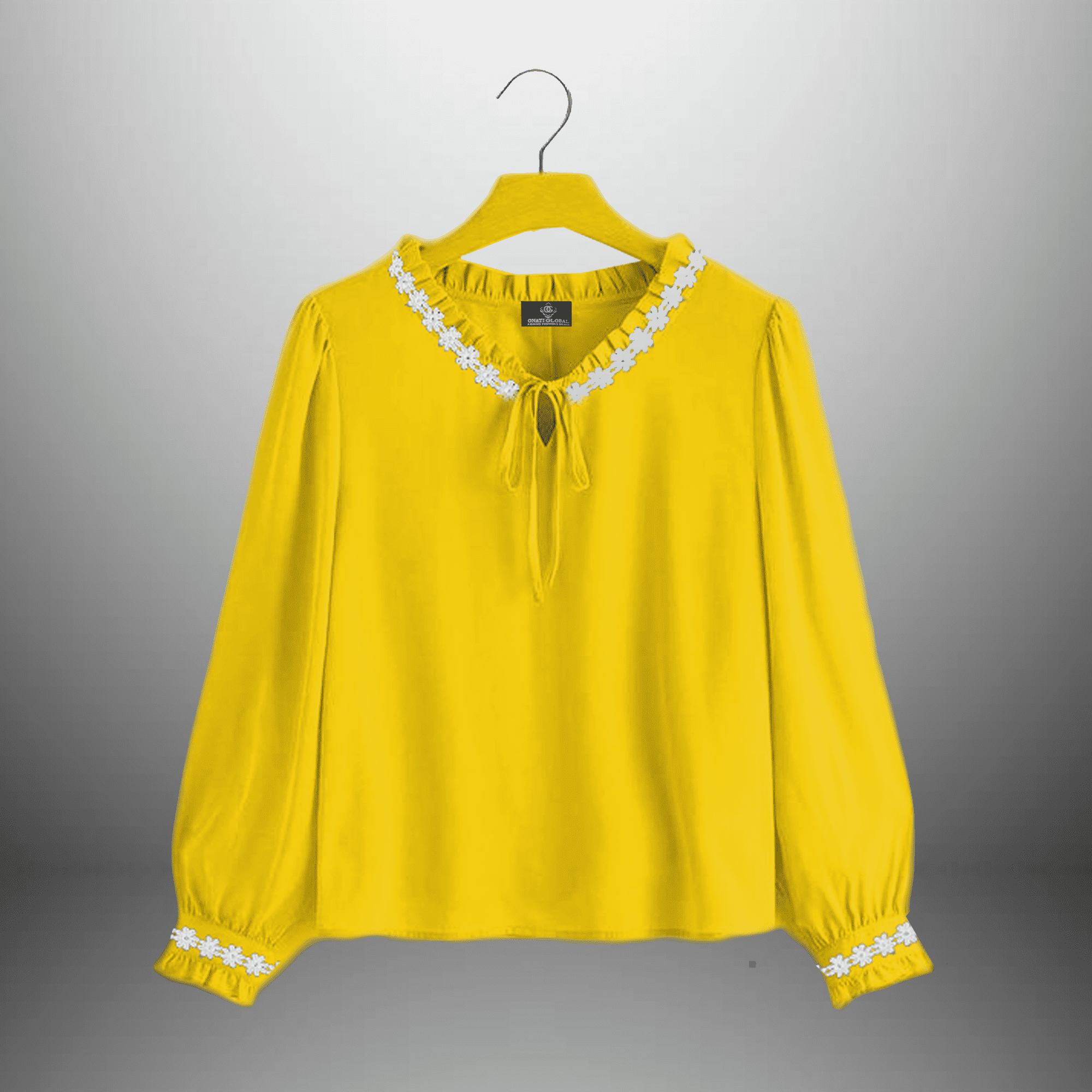 White Floral Laces Embellished Yellow Casual Top-RCT132