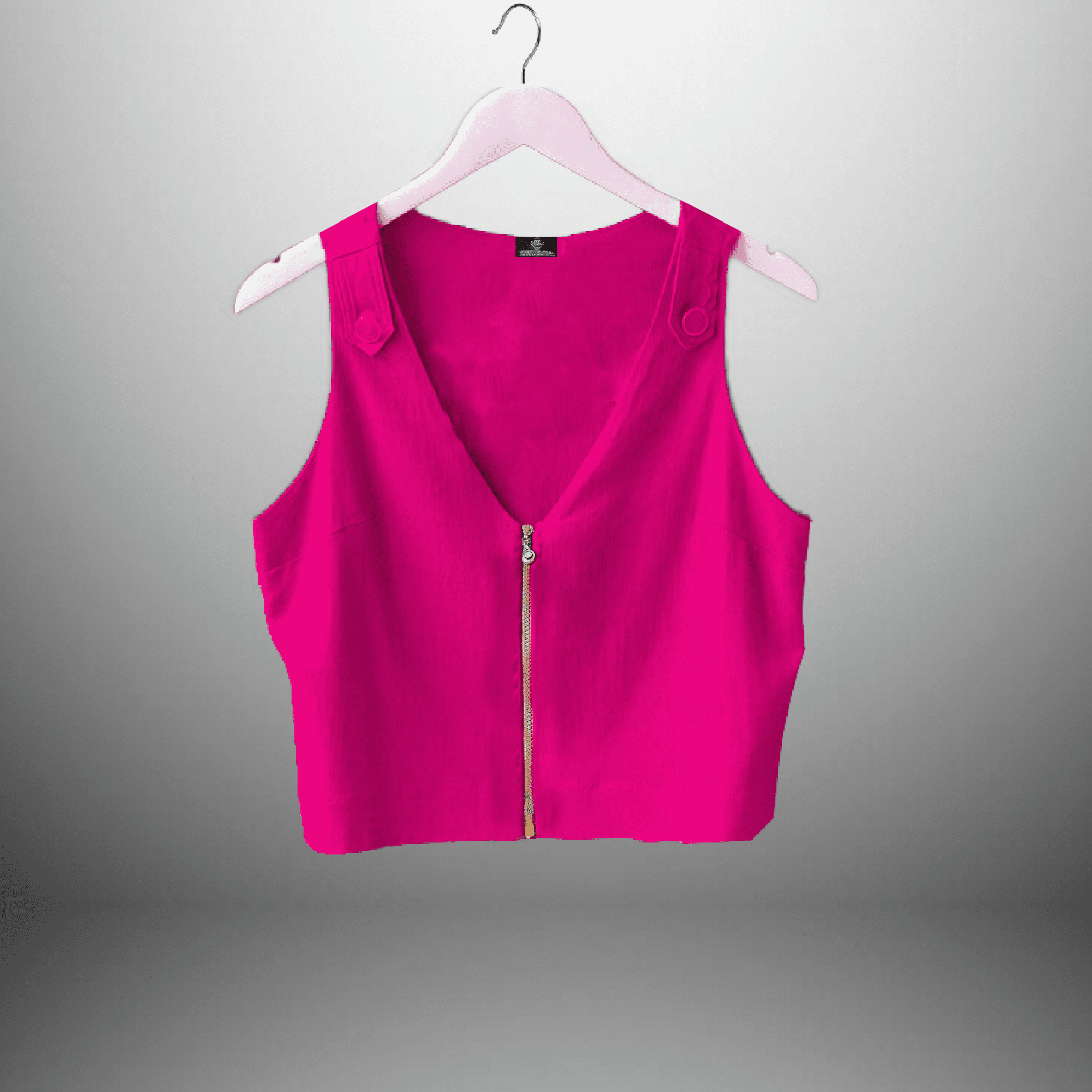 Sleeveless V Neck Hot Pink Crop Top with Front Zipper-RCT134
