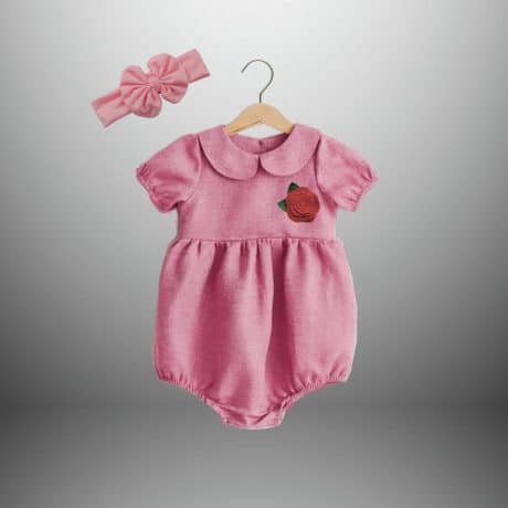 Baby Girl’s pink Romper with a Red Rose and a free Hairband-RKFCTT066