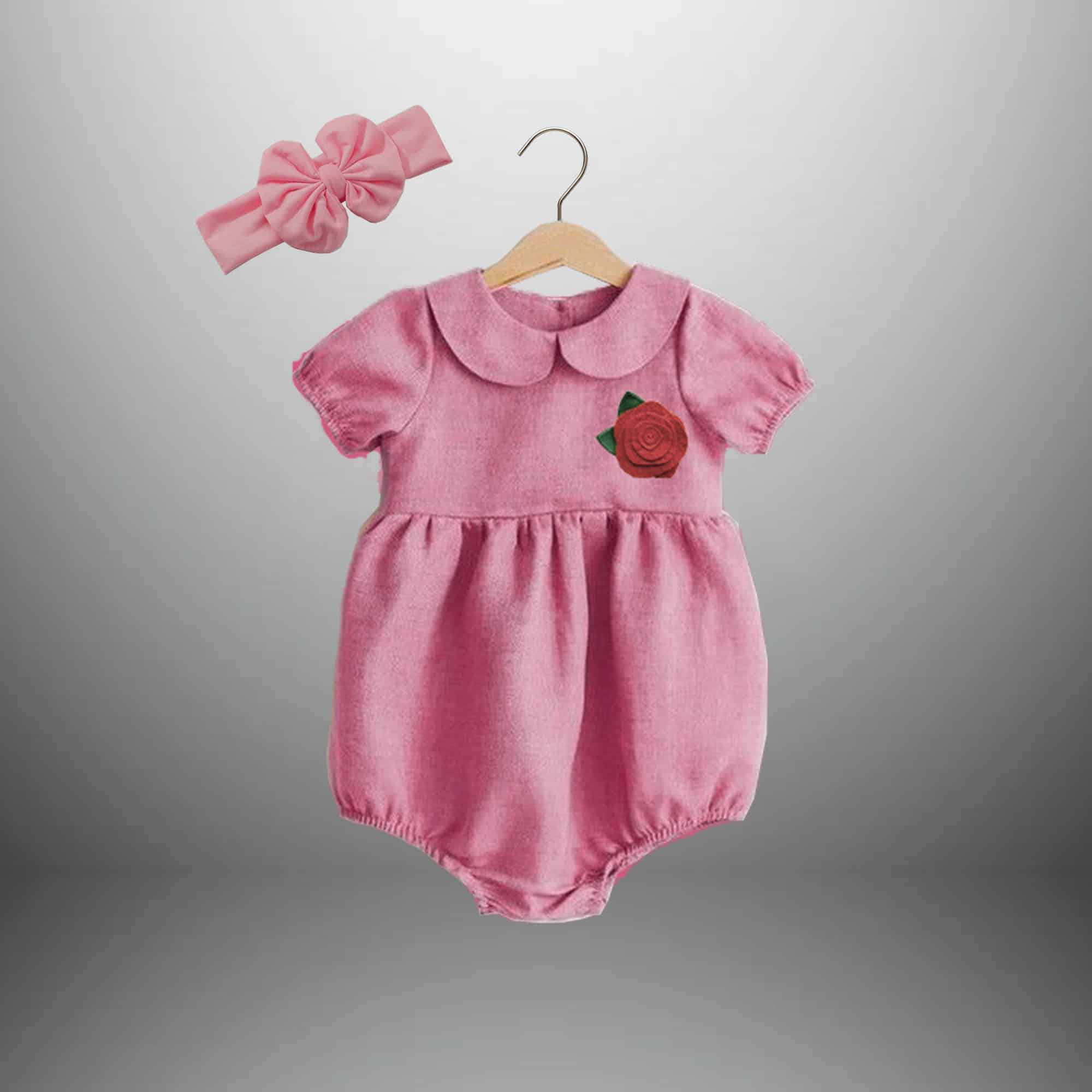 Baby Girl's pink Romper with a Red Rose and a free Hairband-RKFCTT066