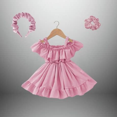 Girl’s cold shoulder frill dress with  free cute hairband and  scrunchy-RKFCW386