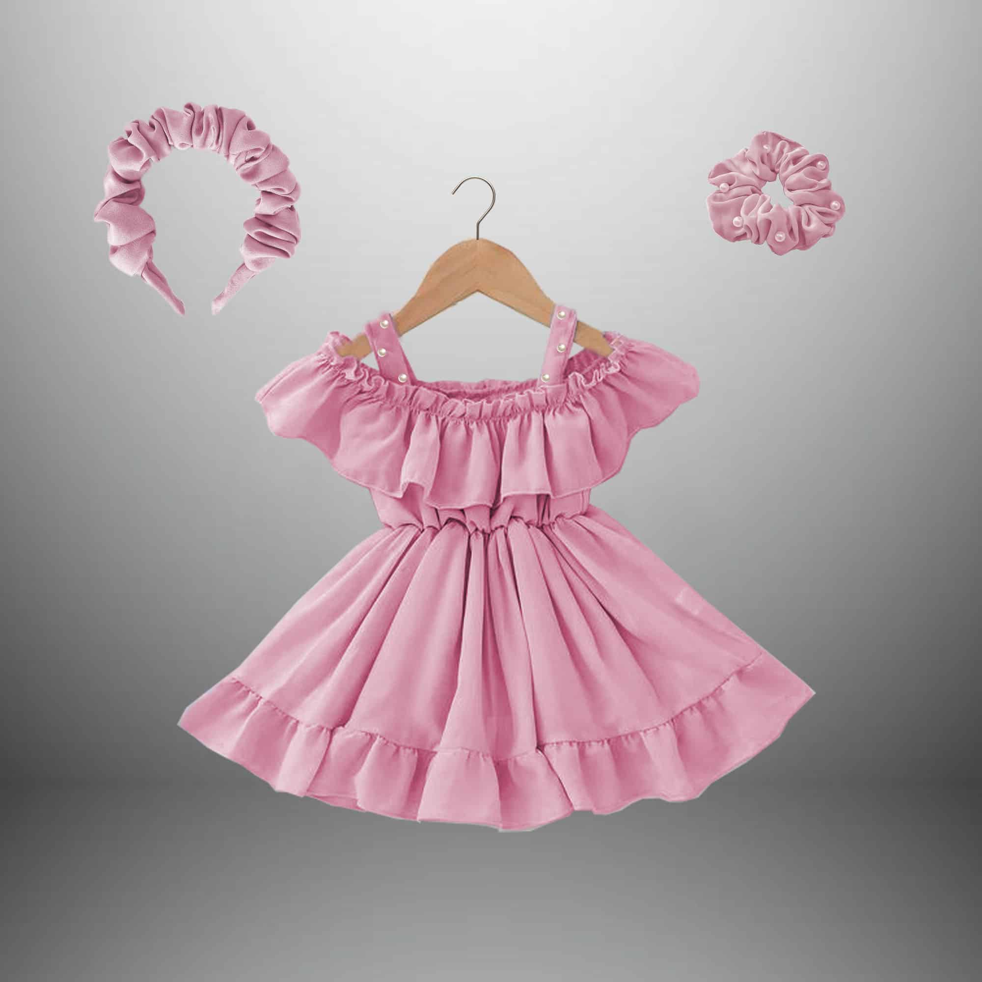 Girl's cold shoulder frill dress with  free cute hairband and  scrunchy-RKFCW386