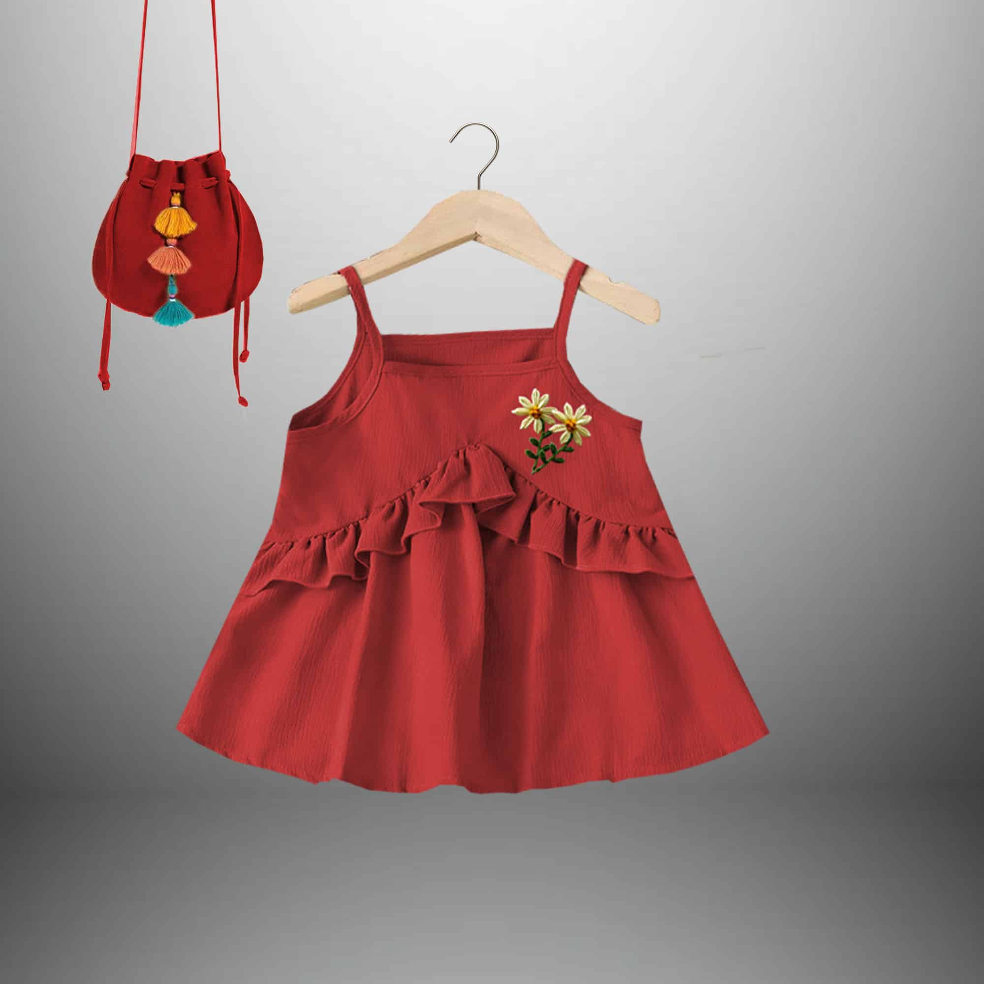 Girl's cute dress with a floral motif design  with a free sling bag-RKFCW387