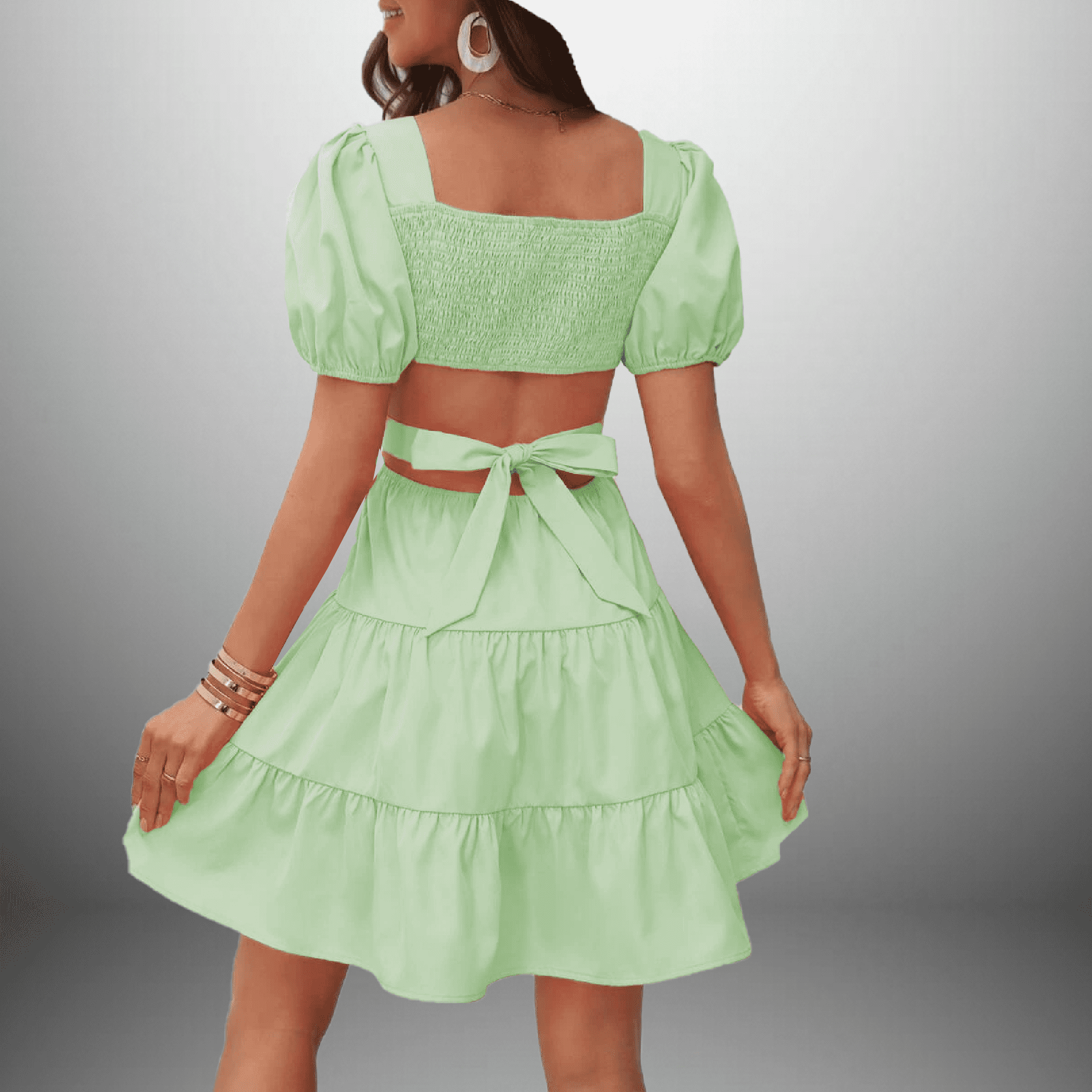 Puff Sleeves Pastel Green Dress -RCD032