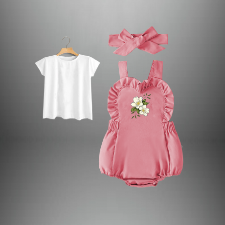 Baby girl’s 2 Piece Set of romper with heart shaped frills and floral motif and a t-shirt with free hairband-RKFCTT068