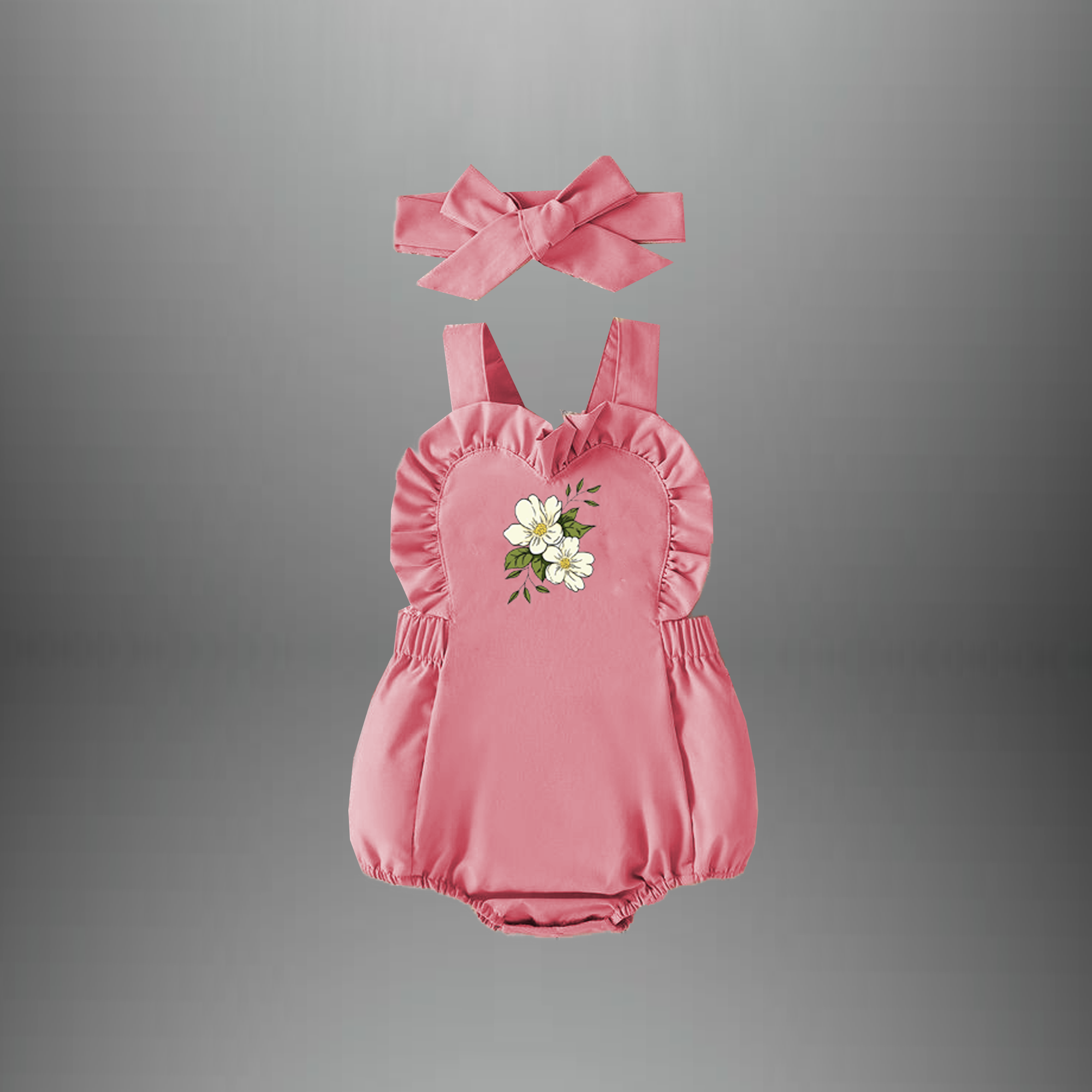 Baby girl's romper with heart shaped frills and floral moif and a free hairband-RKFCTT068
