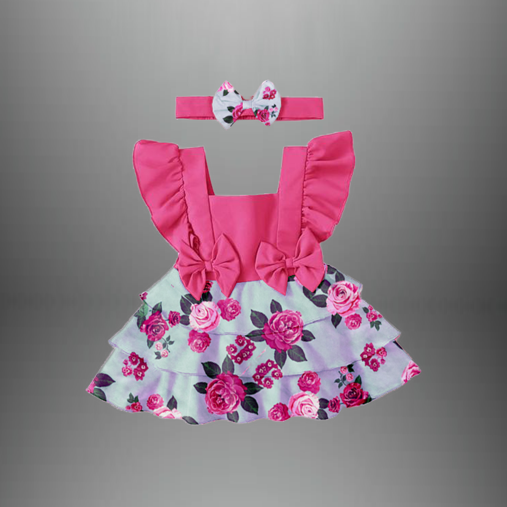 Floral printed frilled dress with a free bow hairband-RKFCW397