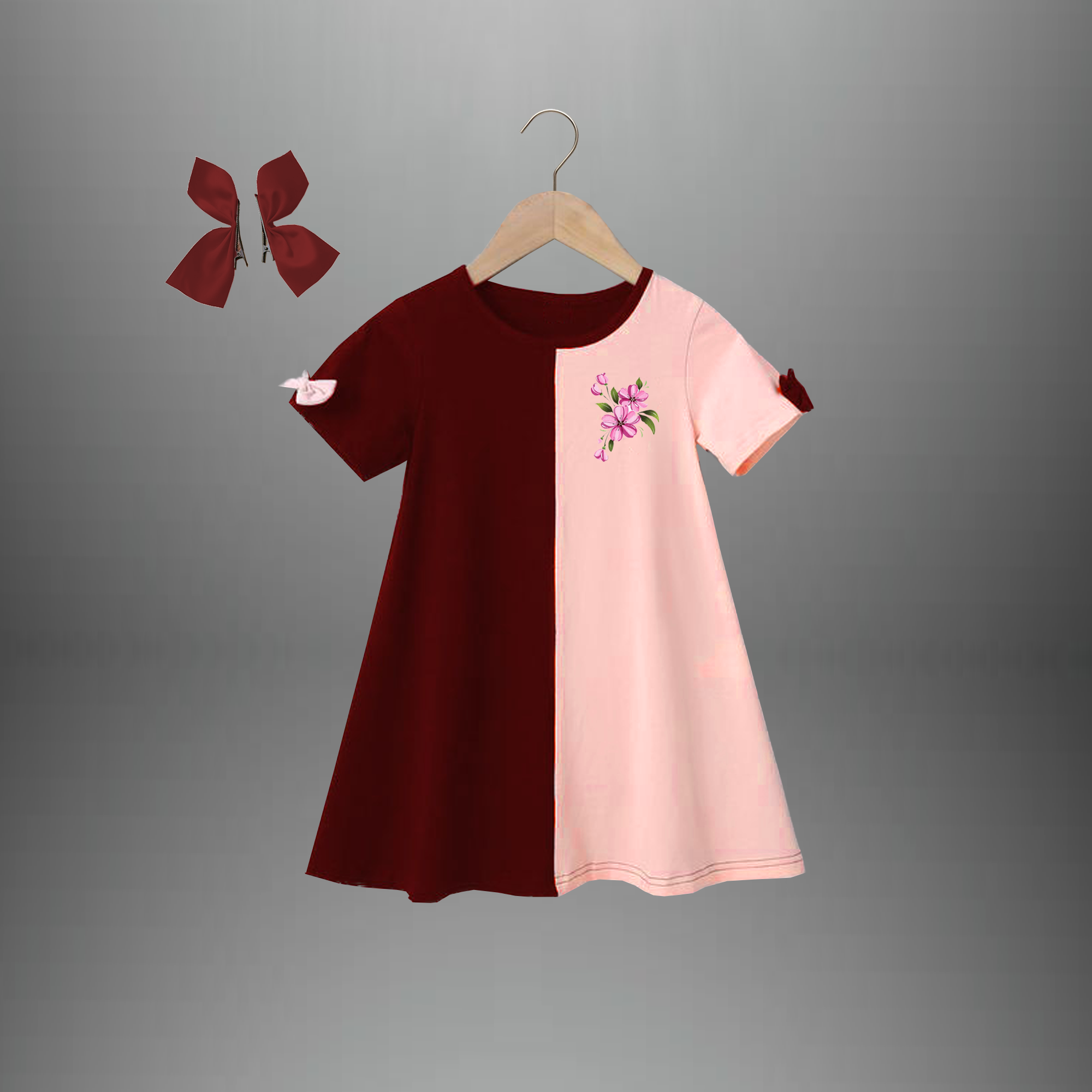 color blocked maroon and pink dress for girls with a free butterfly clips-RKFCW400