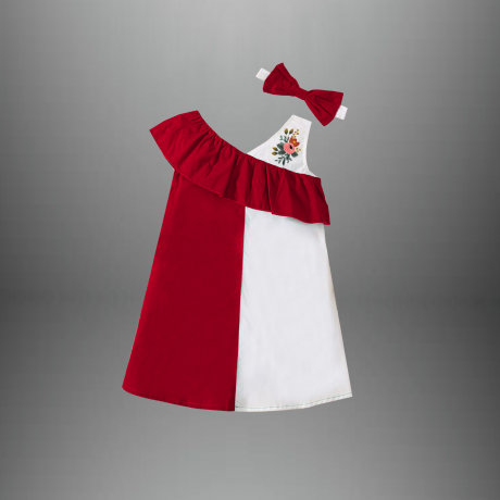 Color blocked red and white with flower embellished dress for girls with a free hairband-RKFCW398
