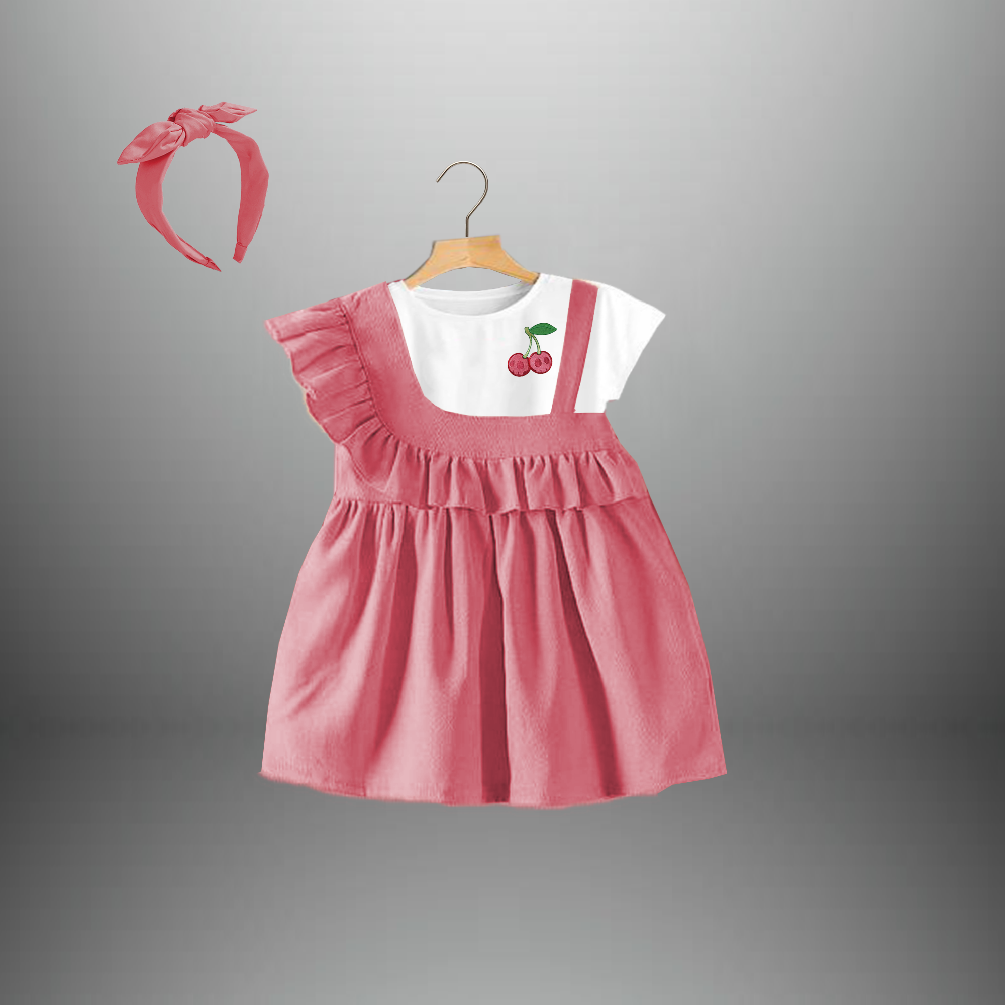 Toddler's Color blocked dress with frills and a free hairband-RKFCTT075