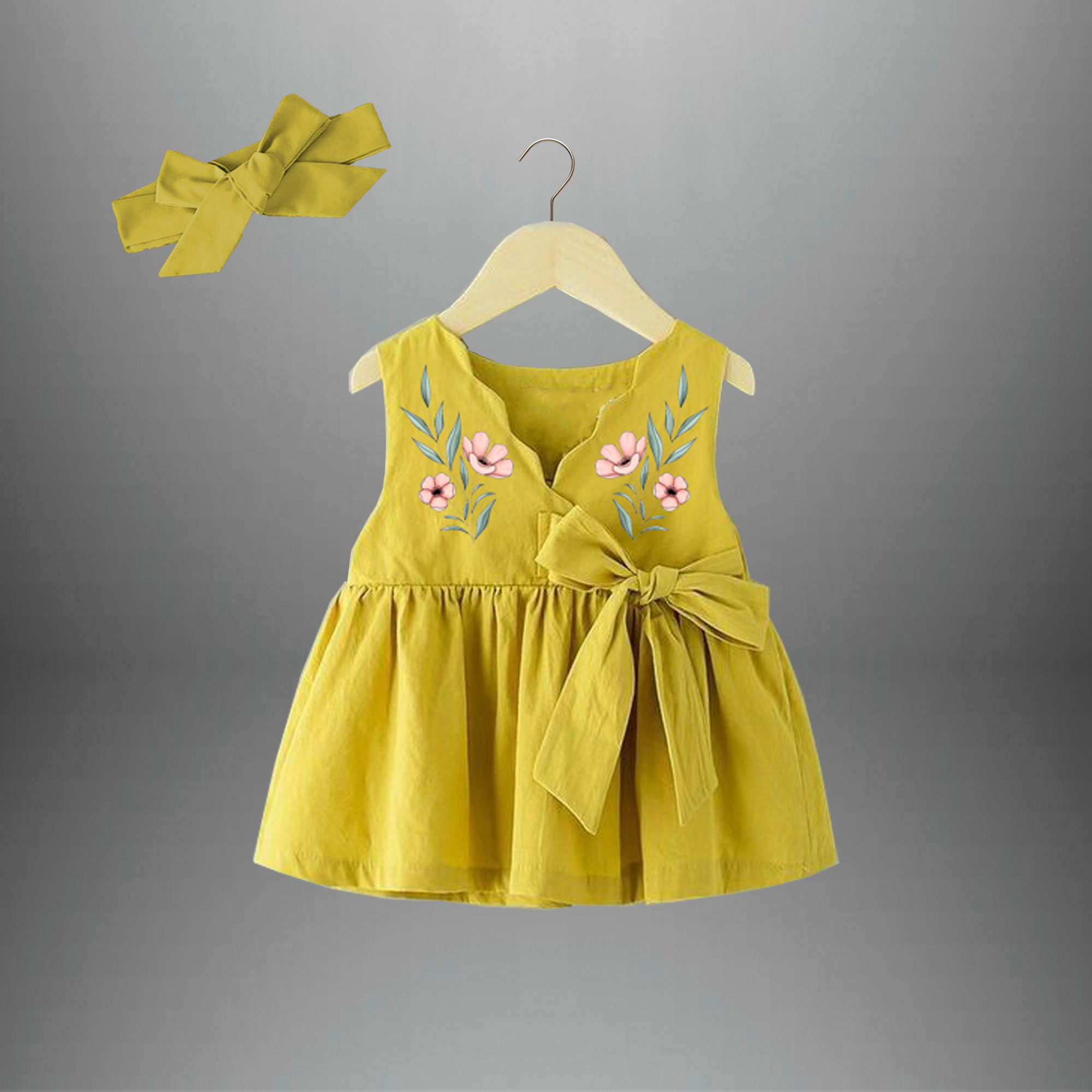 Toddler's yellow  dress with Floral motif and free hairband-RKFCTT073