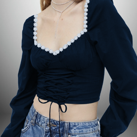 Midnight blue corset style  top with lace border-RCT135