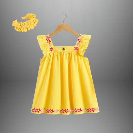 Yellow Flared dress for girl with a free hairband-RKFCW402