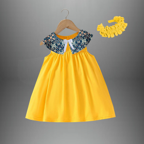 Solid yellow dress with Printed collar for Girls-RKFCW417