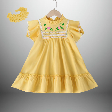 Girl’s yellow flared dress with fluttered sleeves-RKFCW415
