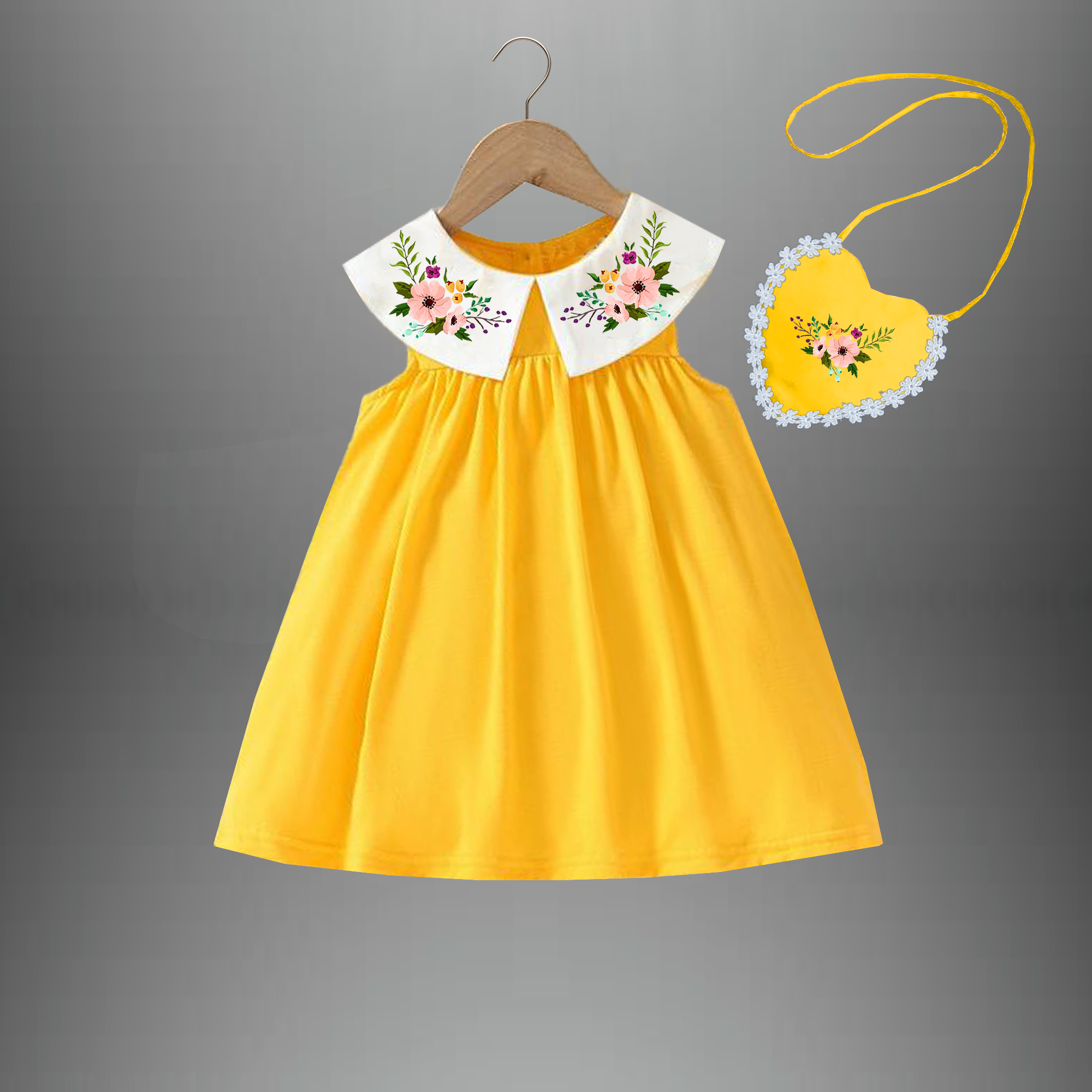 Peter pan collar yellow  A line Dress with white collar for Girls and a free bag-RKFCW420