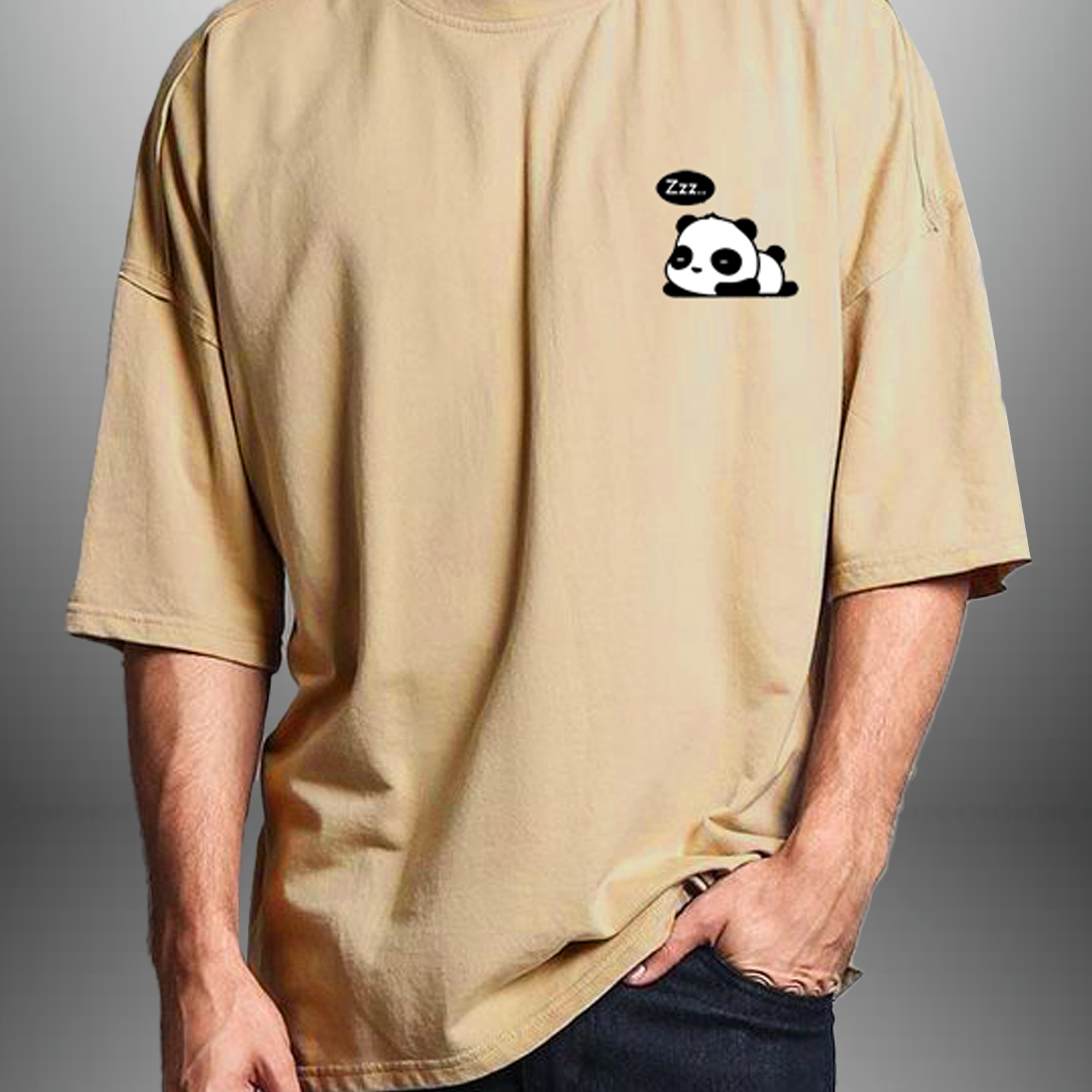 Men's beige T-shirt with a sleepy panda-RKTM010