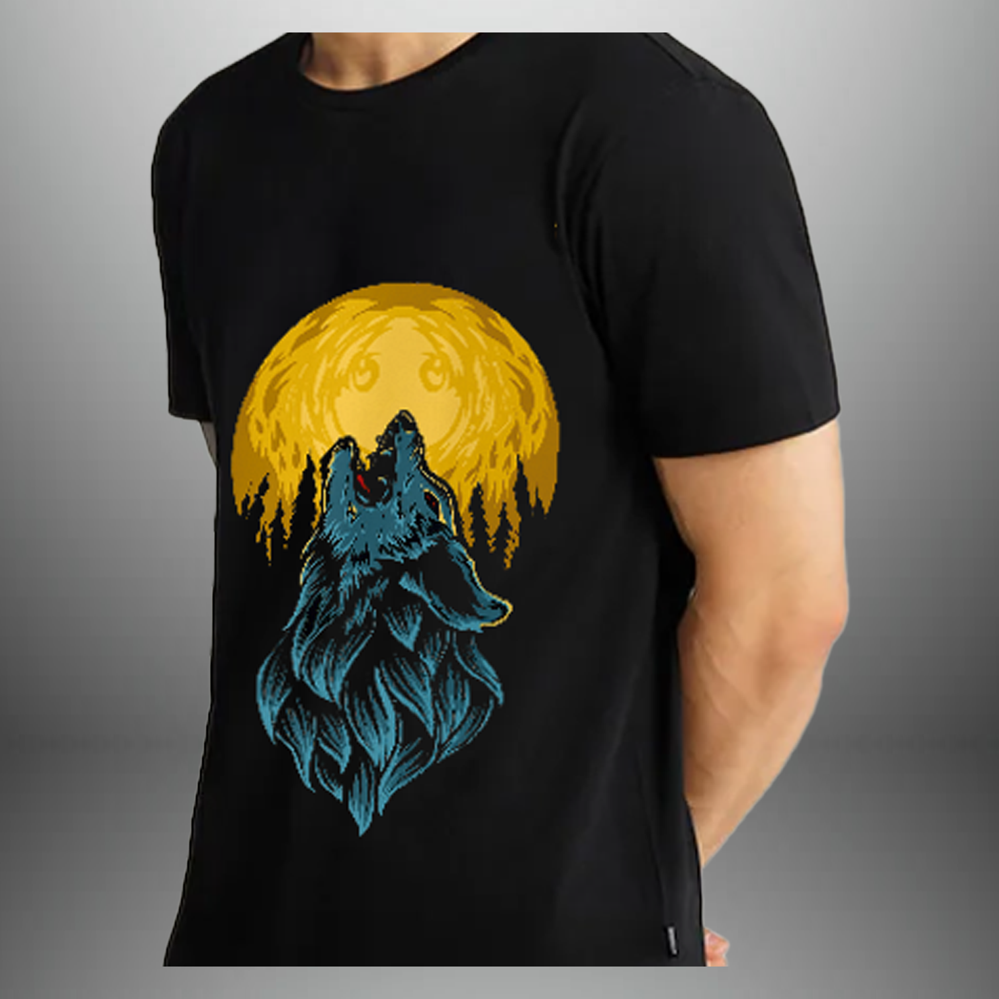 Men's Solid  black T-shirt with moon wolf-RKTM007