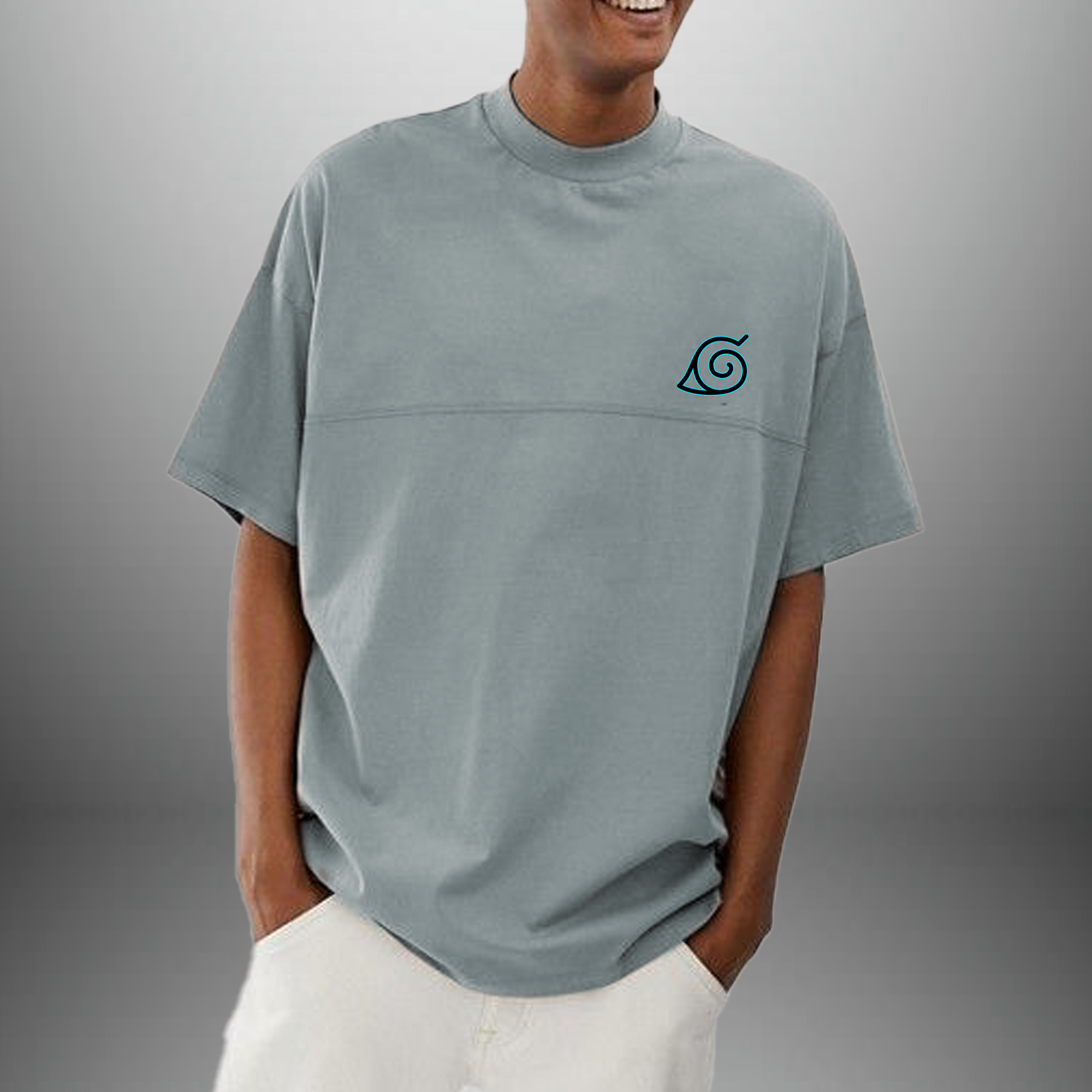 Men's sky grey round neck T-shirt with naruto symbol-RKTM009