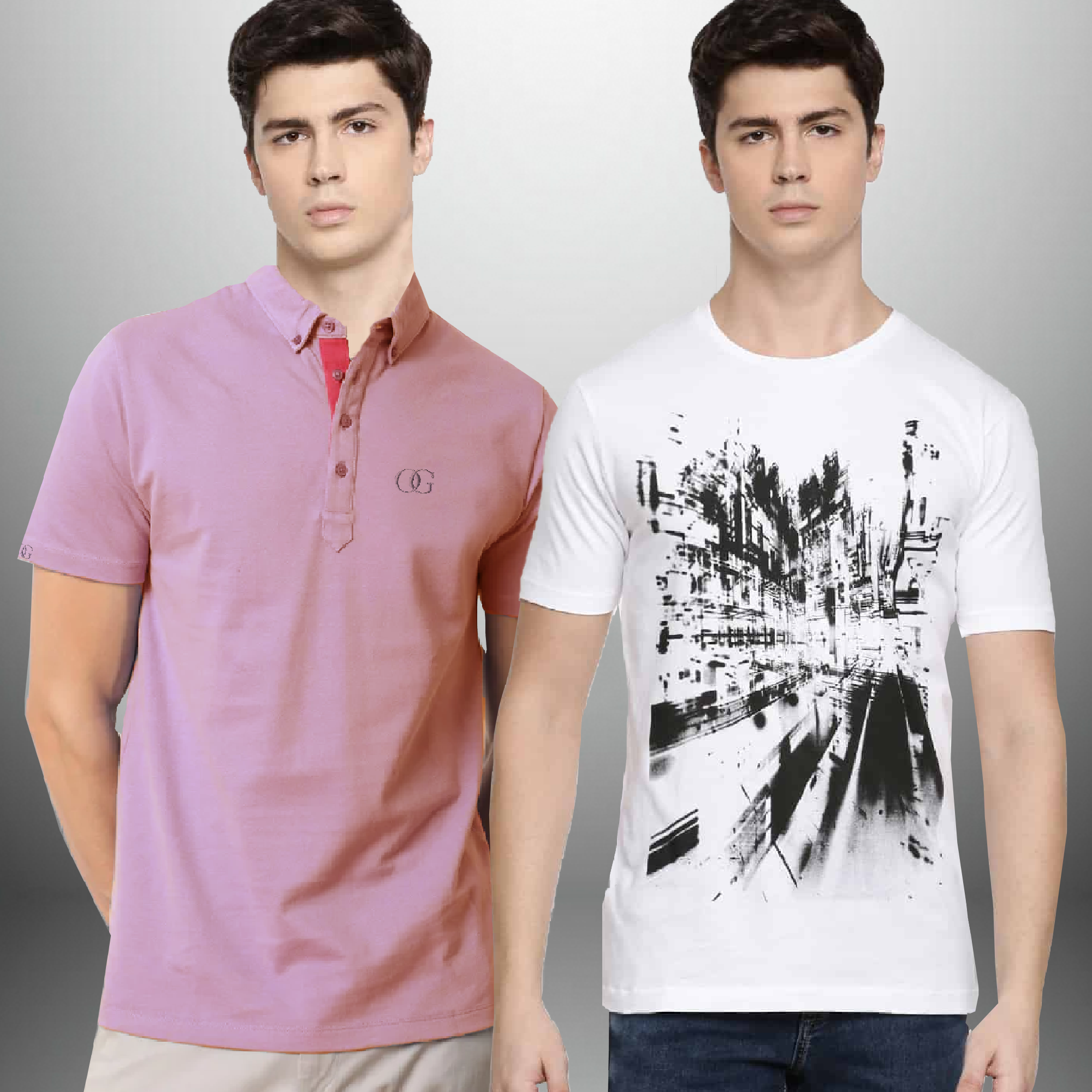 Pack of 2 Men's white printed round neck t-shirt and collared T-shirt-RKTMCO008