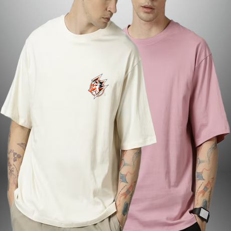 Pack Of 2 Men’s  Cream And Pink Graphic Printed T-Shirts-RKTMCO001
